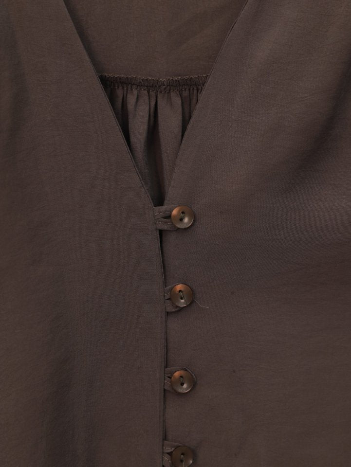 V Yaka Düğmeli Arkası Uzun Gömlek -Kahve