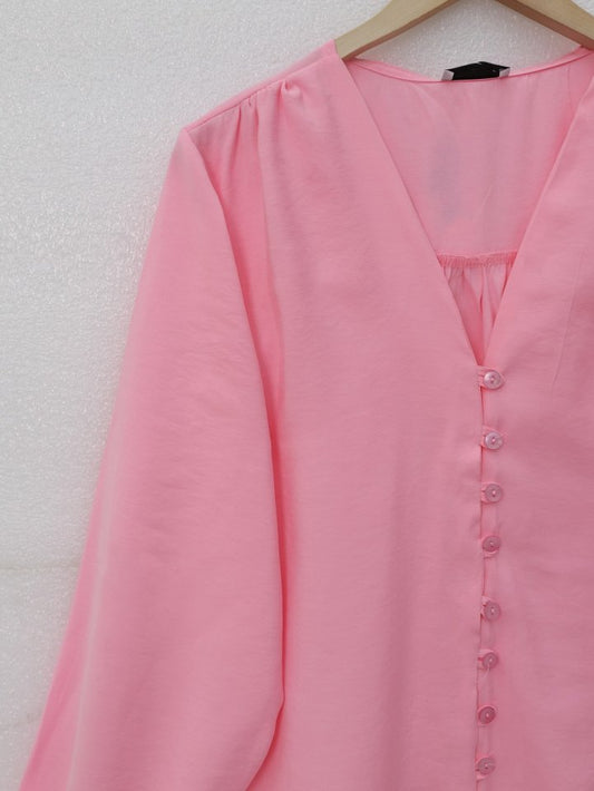 V Yaka Düğmeli Arkası Uzun Gömlek -Pembe