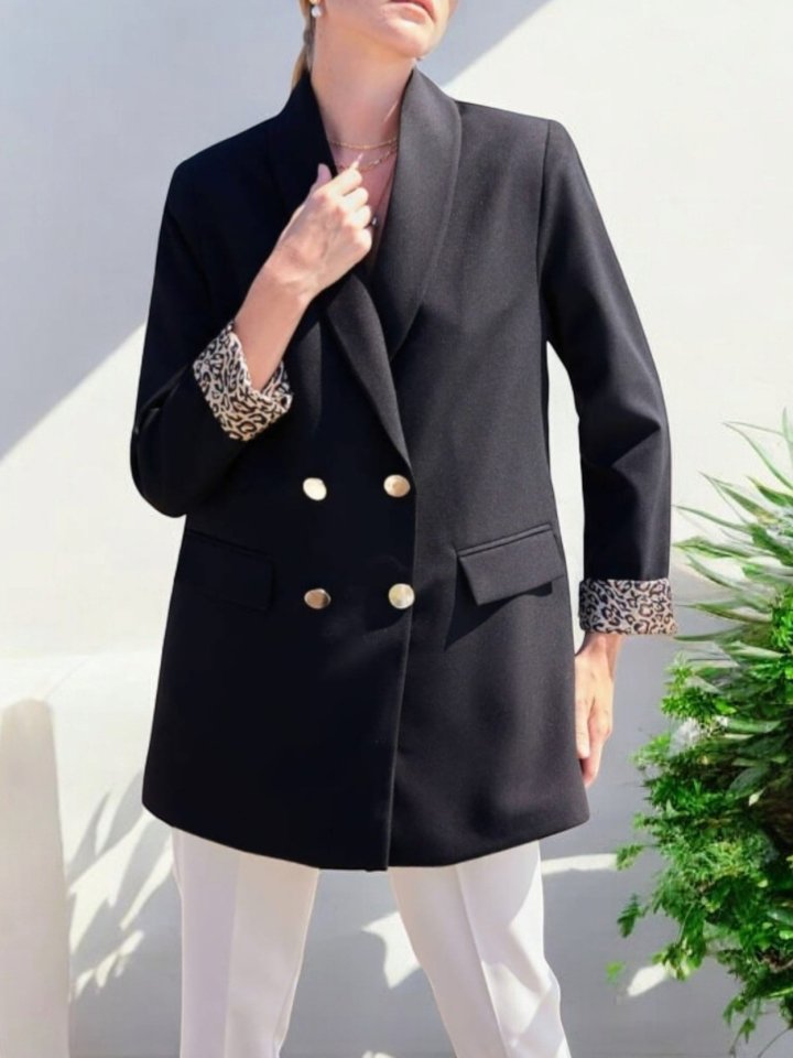 Cep Detaylı Çift Düğmeli Blazer Ceket -Siyah
