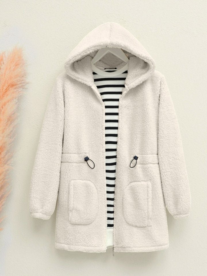 Beli Lastikli Kapşonlu Fermuarlı Peluş Mont -Bej
