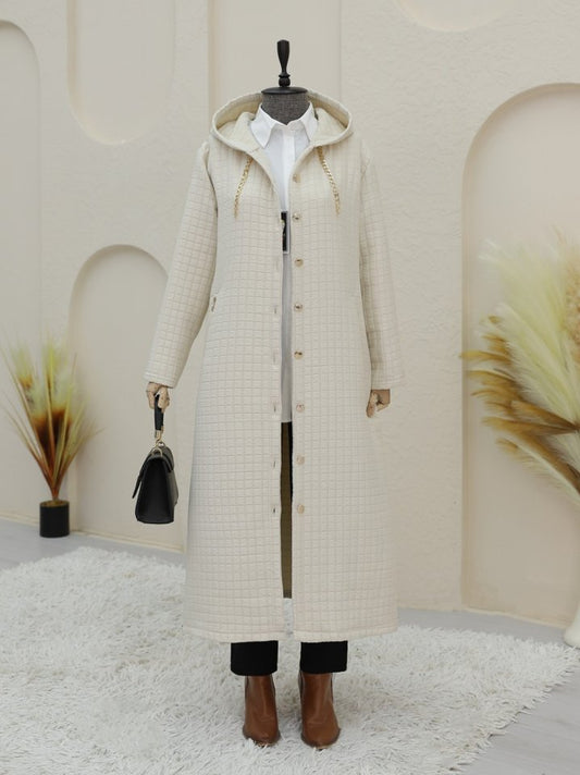 Yakası Zincir Detaylı Uzun Kapitone Kaban -Taş