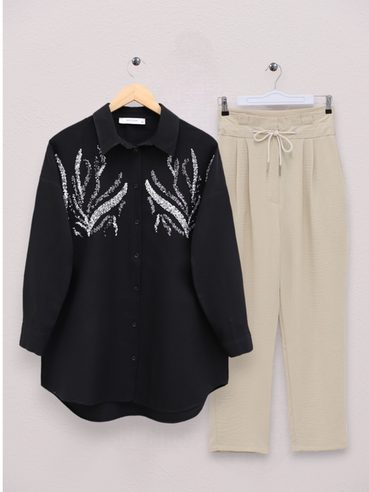 Önü Pul Payetli Uzun Gömlek -Siyah