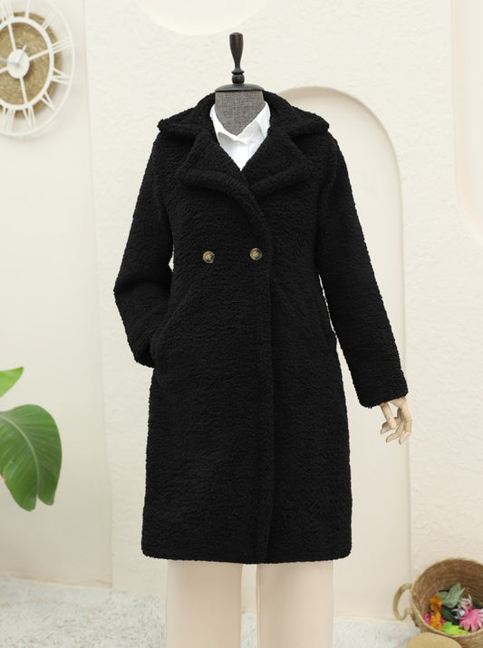 Çift Düğmeli Astarlı Yan Cepli Peluş Kaban -Siyah