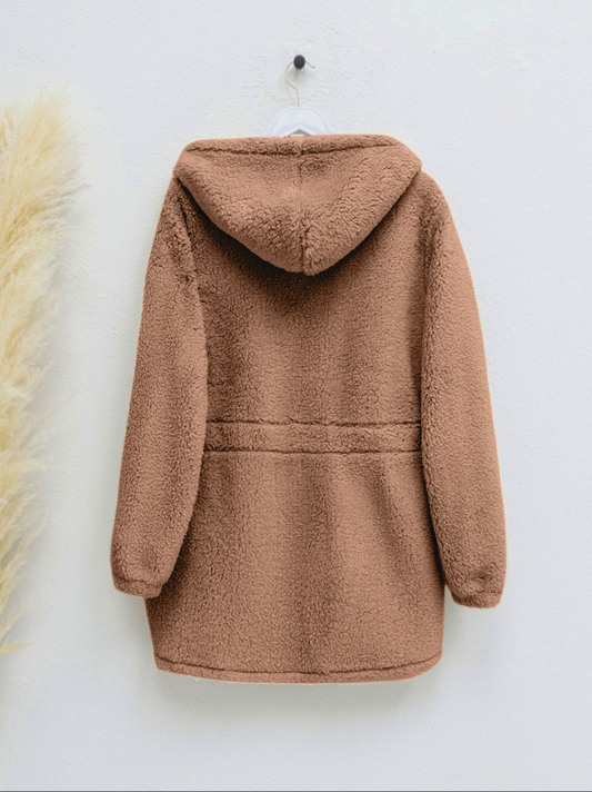 Beli Lastikli Kapşonlu Fermuarlı Peluş Mont -Taba