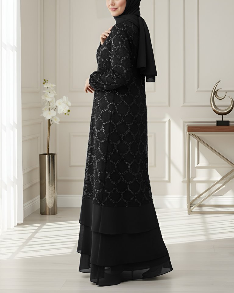 Pul Payetli Eteği Katlı Kemerli İkili Abaya -Siyah