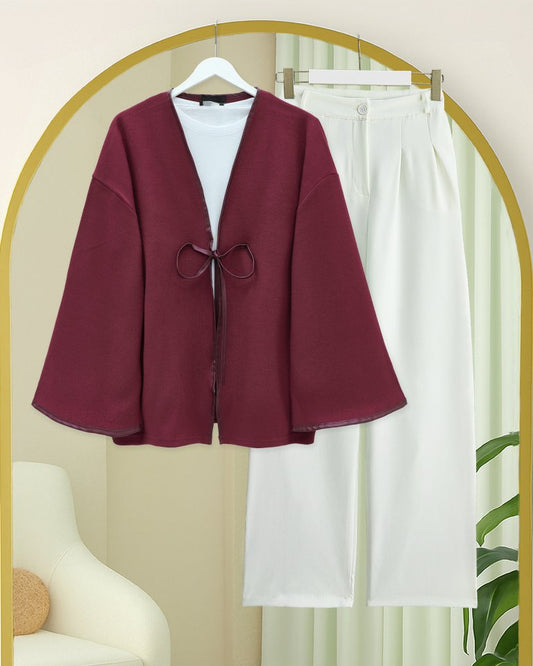 Önü Bağlamalı Deri Detaylı Salaş Kimono -Bordo