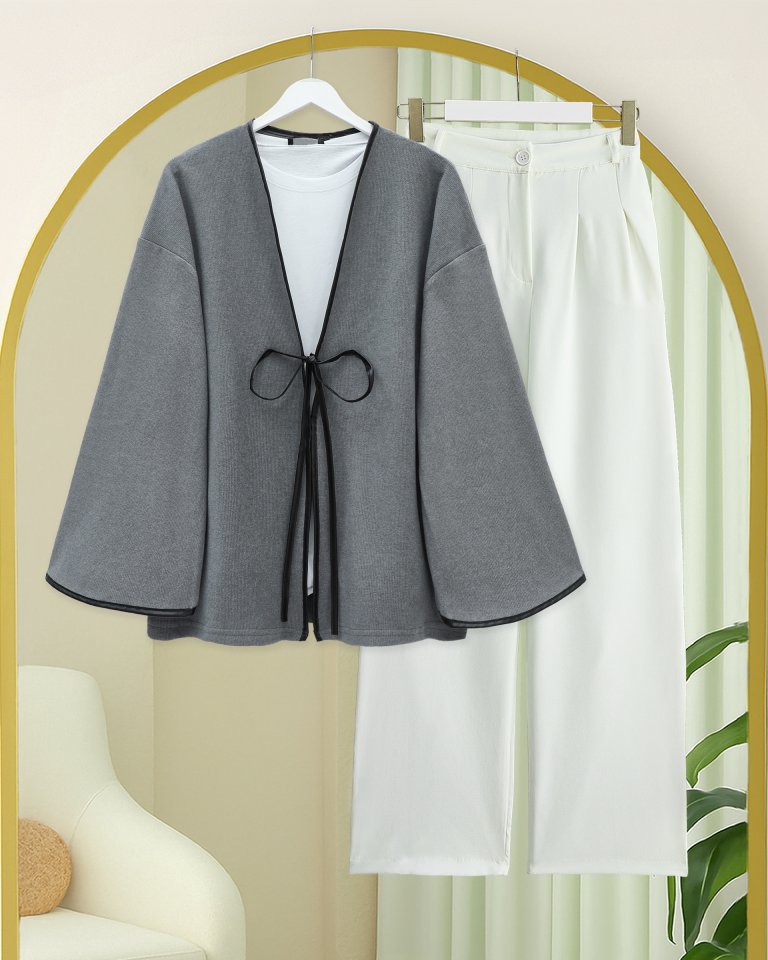 Önü Bağlamalı Deri Detaylı Salaş Kimono -Gri