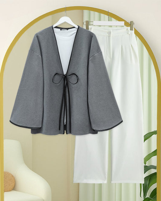 Önü Bağlamalı Deri Detaylı Salaş Kimono -Gri