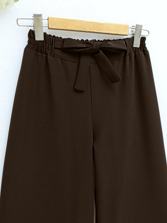 Duble Kumaş Beli Kuşaklı Bol Paça Pantolon -Kahve