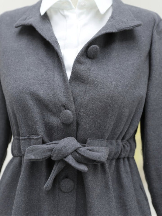 Belden Bağlamalı Top Düğmeli Kaşe Kaban -Füme