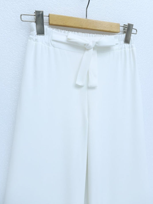 Duble Kumaş Beli Kuşaklı Bol Paça Pantolon -Beyaz