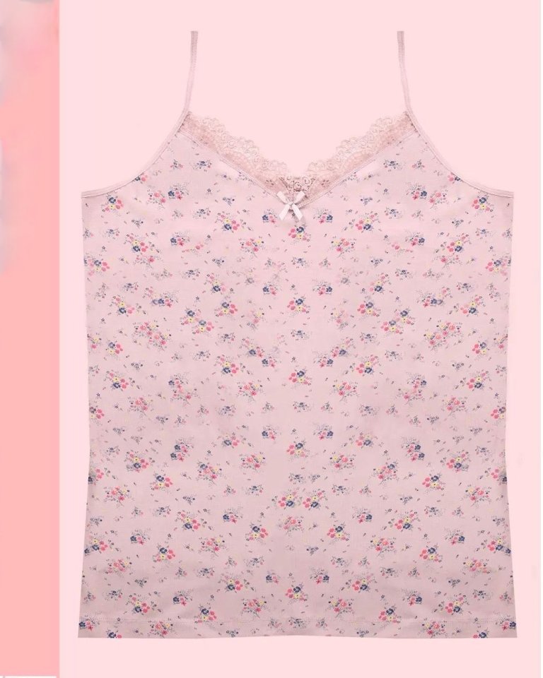 Çiçek Desenli Dantelli İp Askılı Atlet -Somon