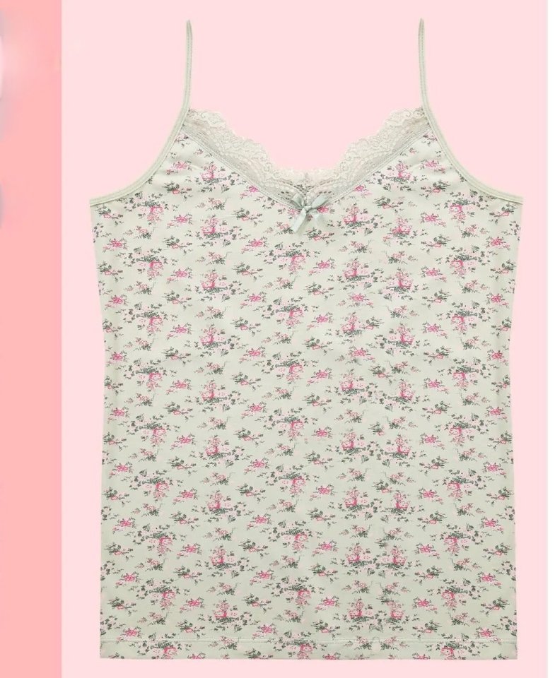 Çiçek Desenli Dantelli İp Askılı Atlet -Su Yeşili