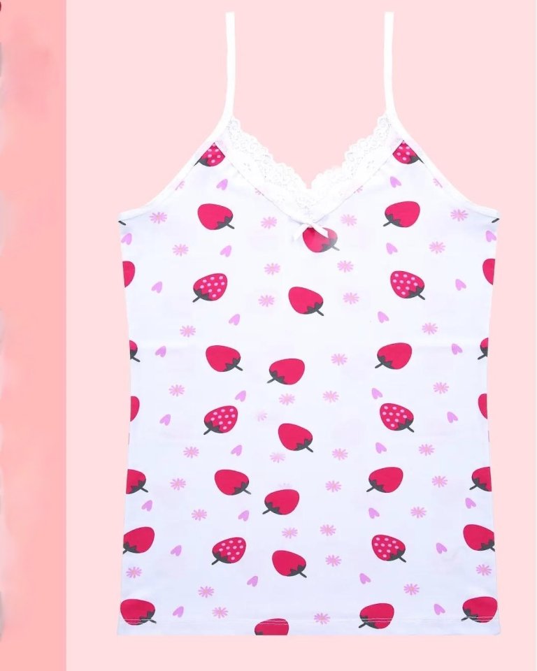 Dantelli Çilek Desenli Askılı Atlet -Beyaz