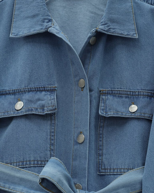 Beli Kemerli Cepli Önü Düğmeli Kot Takım -Buz Mavi