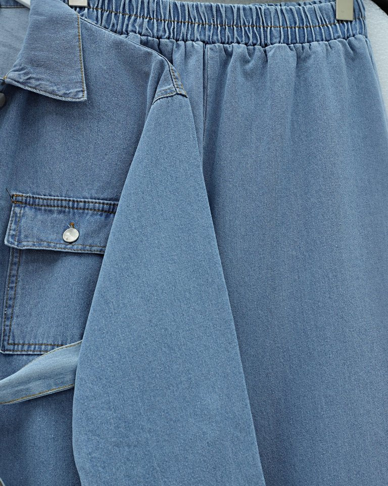 Beli Kemerli Cepli Önü Düğmeli Kot Takım -Buz Mavi