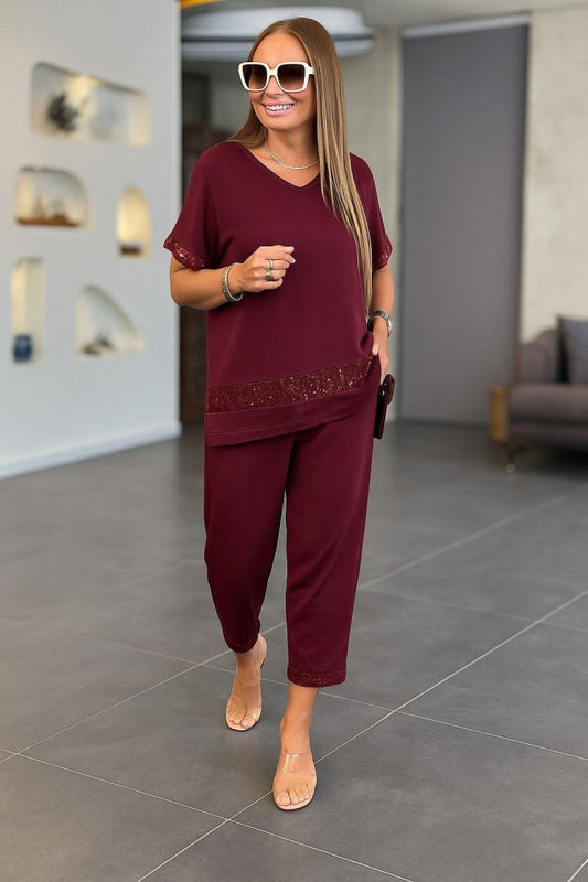 Kadın Kısa Kollu V Yakalı Pul Payetli Viskon Iki Iplik Bluz Ve Pantolon Ikili Takım