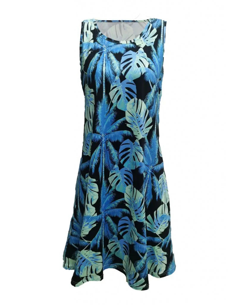 Kadın Mavi Yaprak Baskılı Askılı Süprem Elbise
