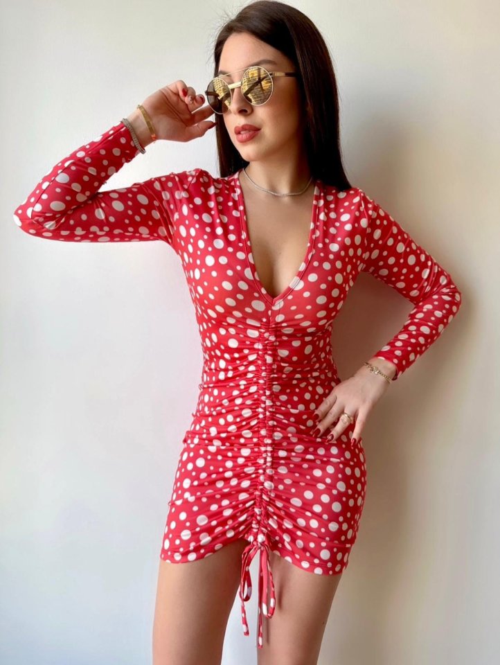 Kadın V Yaka önü Asansör Büzgü Detay Fırsat ürün Puantiyeli Mini Elbise