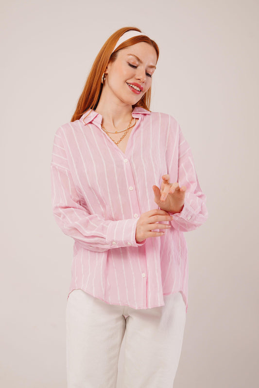 Kol Düğmeli Çizgili Pembe Gömlek