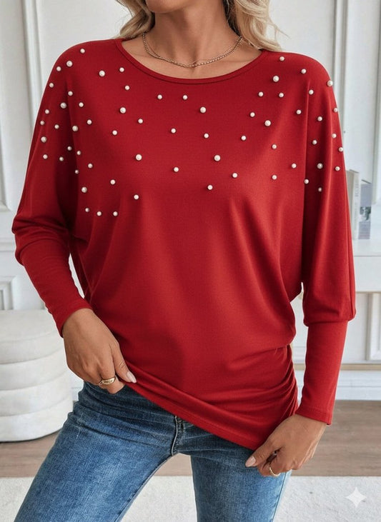 Kadın Uzun Kollu Yuvarlak Yaka Incili Viskon Bluz