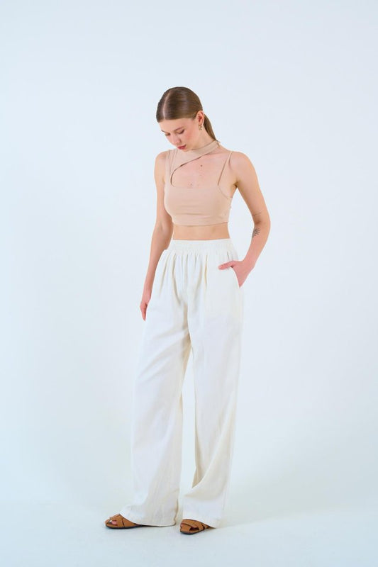 Beli Lastikli Palazo Pantolon - Taş