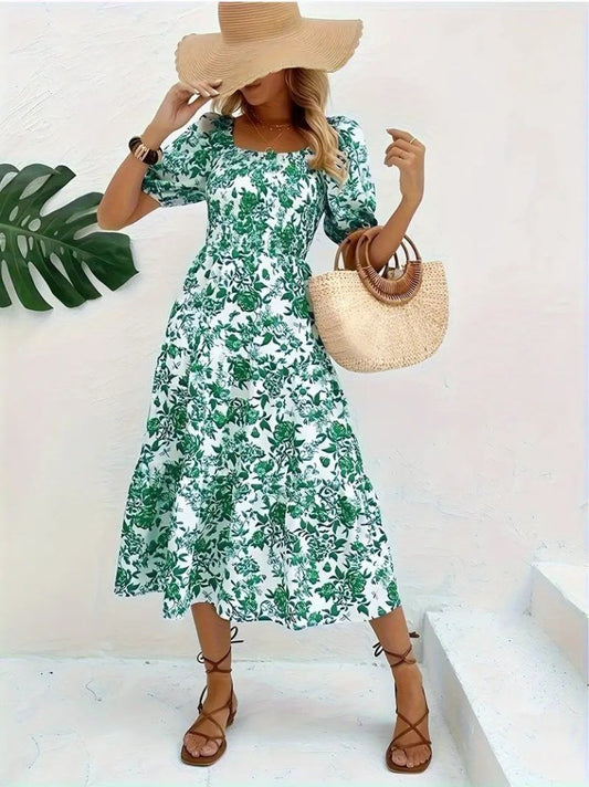 Kadın Kısa Kollu Kare Yakalı Lastikli Desenli Süprem Elbise