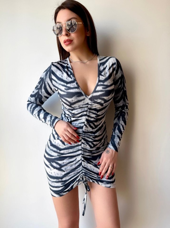 Kadın V Yaka önü Asansör Büzgü Detay Fırsat ürün Zebra Mini Elbise