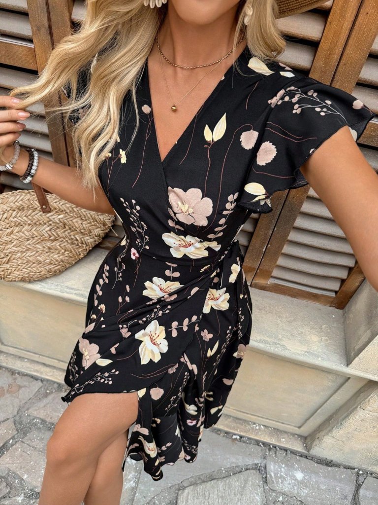 Kadın Kısa Kelebek Kollu Kruvaze Yakalı Belden Kuşaklı Midi Süprem Elbise