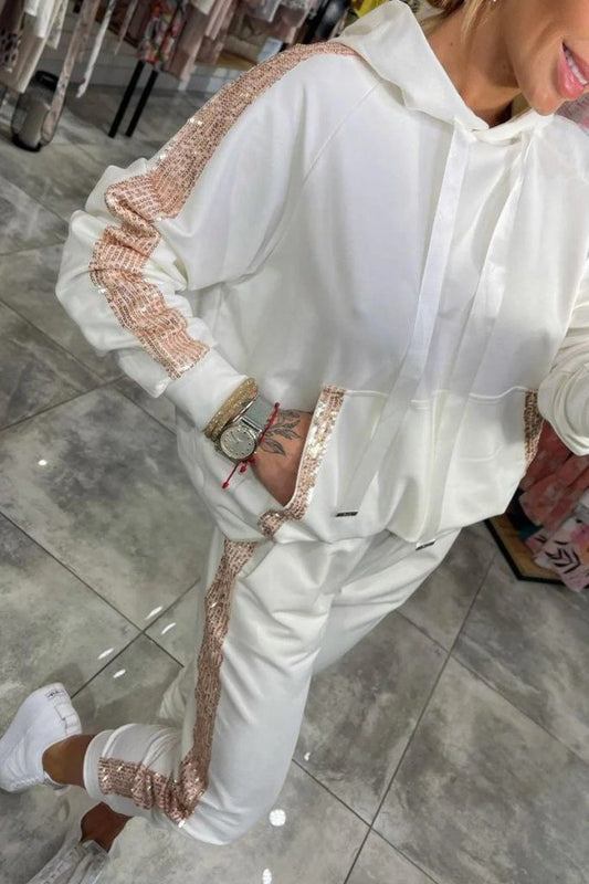 Kadın Uzun Kollu Kapşonlu Pulpayet Detay Viskon Iki Iplik Bluz Ve Pantolon Ikili Takım