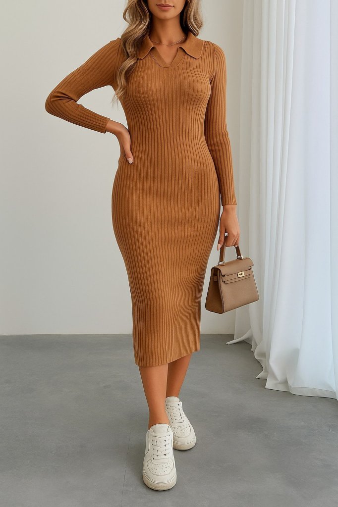 Kadın Uzun Kollu Yakalı Triko Elbise