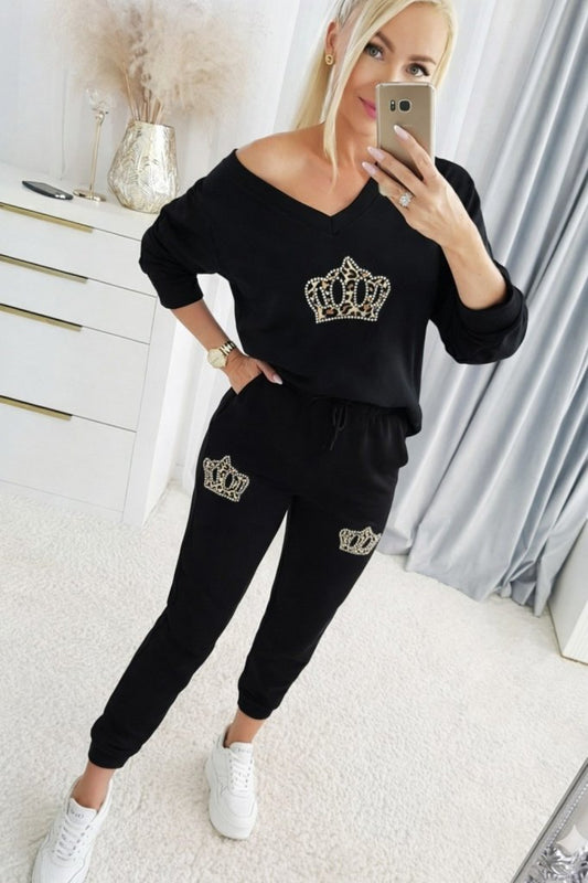 Kadın Uzun Kollu V Yakalı Desenli Viskon Iki Iplik Bluz Ve Pantolon Ikili Takım