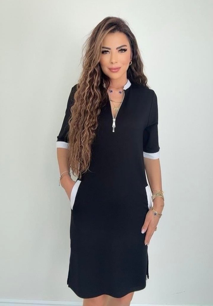 Kadın Kısa Kollu Yakadan Fermuarlı Cepli Yandan Yırtmaçlı Viskon Elbise