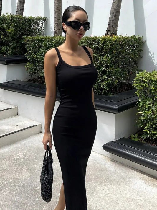 Kadın Ip Askılı Yuvarlak Yakalı Yırtmaçlı Midi Kaşkorse Elbise