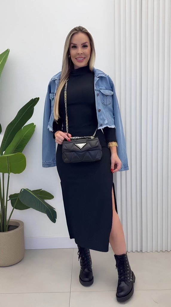 Kadın Uzun Kollu Balıkçı Yakalı Yanlardan Yırtmaçlı Kaşkorse Maxi Elbise