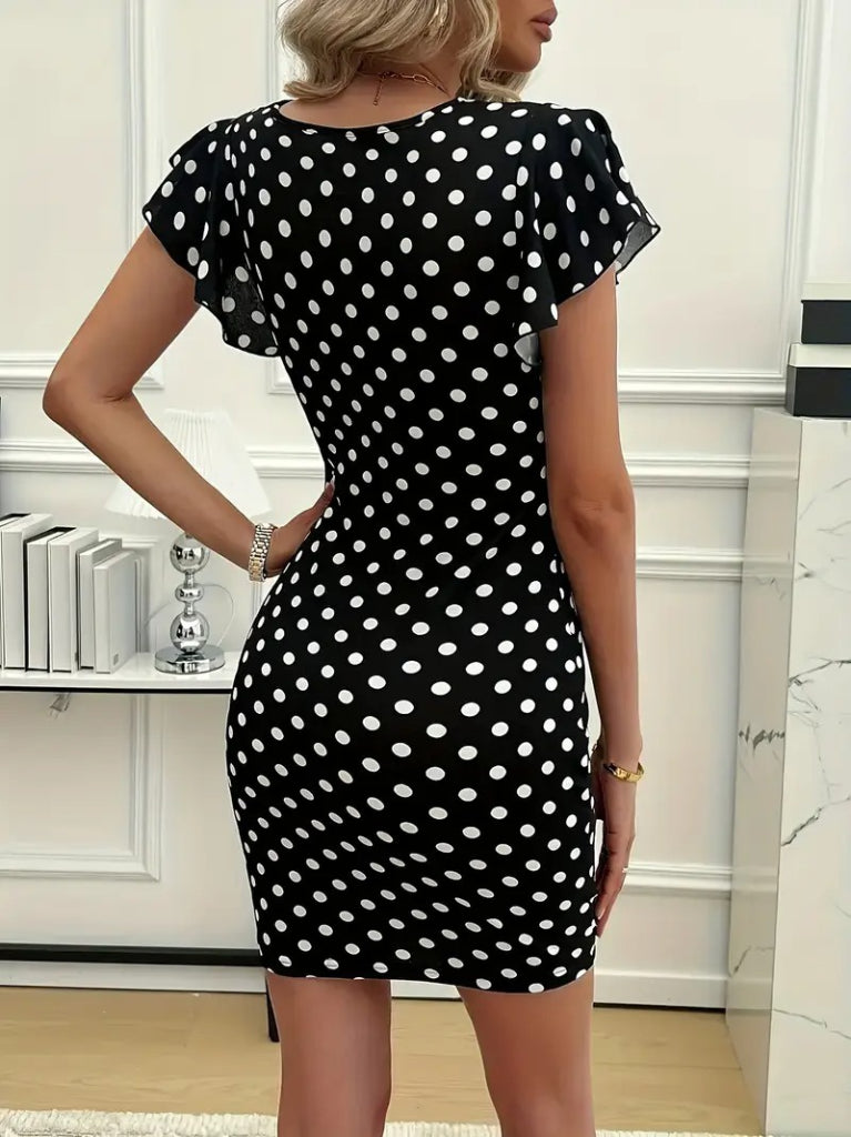 Kadın Kısa Kollu Kruvaze Yakalı örme Puantiyeli Krep Elbise