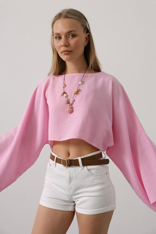 YARASA KOLLU CROP BLUZ - Pembe