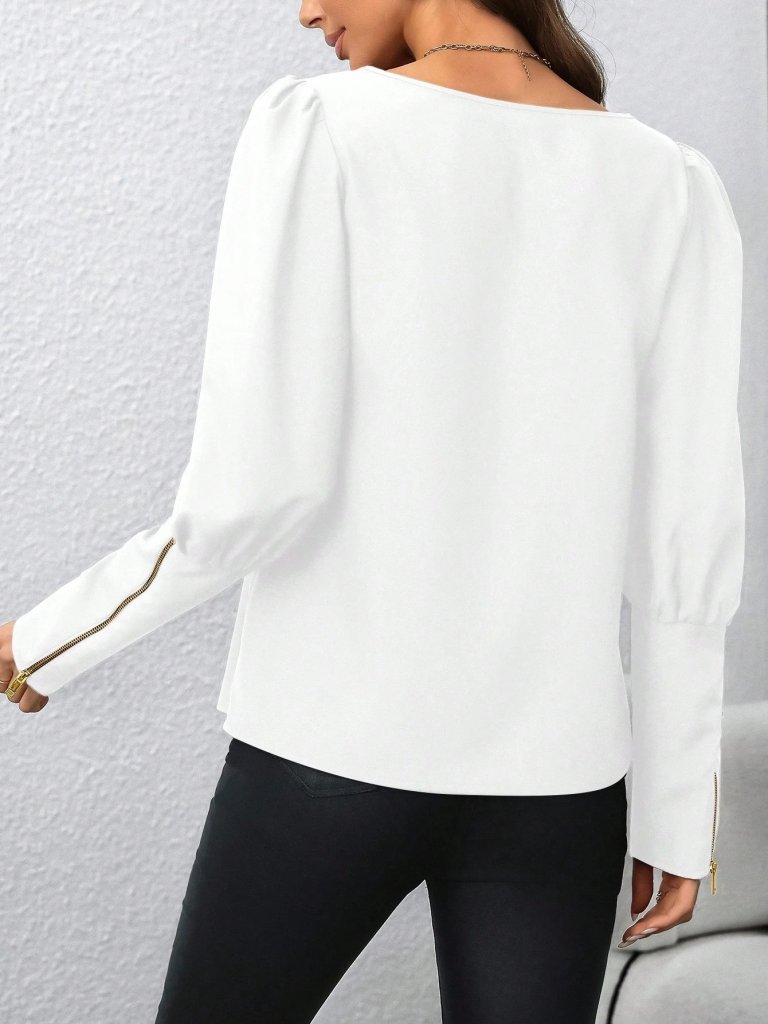 Kadın Uzun Kollu Bisiklet Yaka Fermuar Detaylı Ithal Krep Bluz