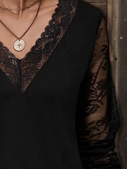 Kadın Uzun Kollu V Dantel Yakalı Viskon Bluz