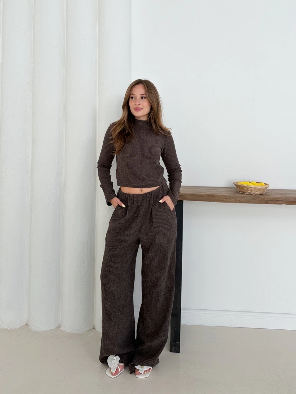 Balıkçı yaka örme takım kahve st265865