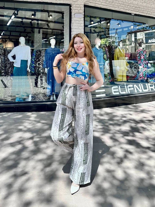 Baskılı Bağcıklı keten pantolon krem