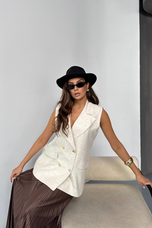 GOLD DÜĞMELİ KETEN YELEK - Ham