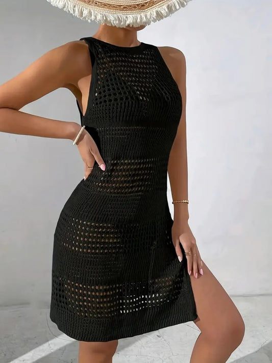 Kadın Askılı Derin Sırt Dekolteli Ajurlu Triko Pareo