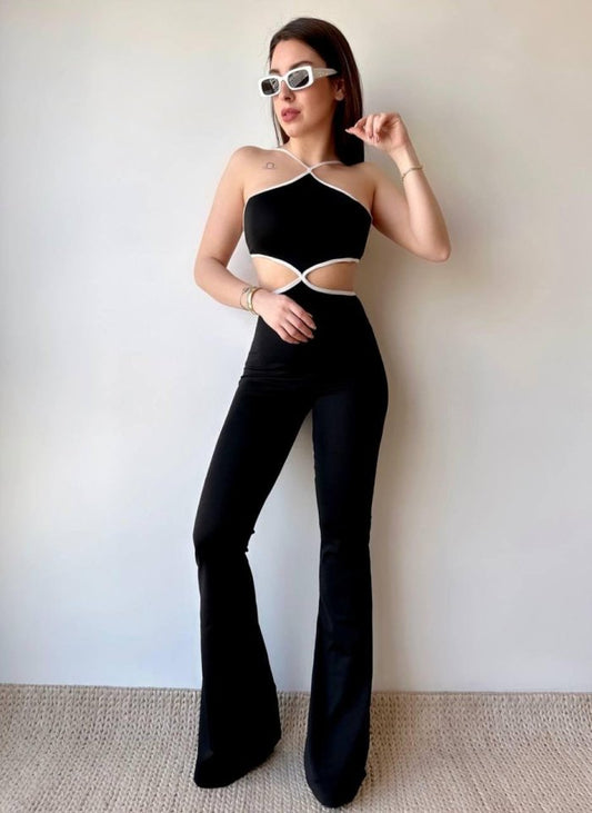 Kadın Halter Yaka Bel Dokolteli Tulum