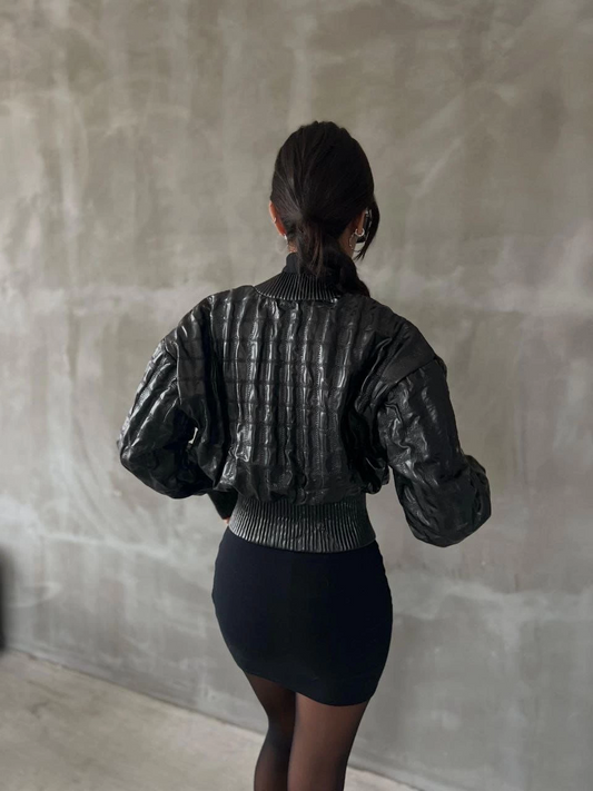 Beli büzgülü crop deri ceket siyah