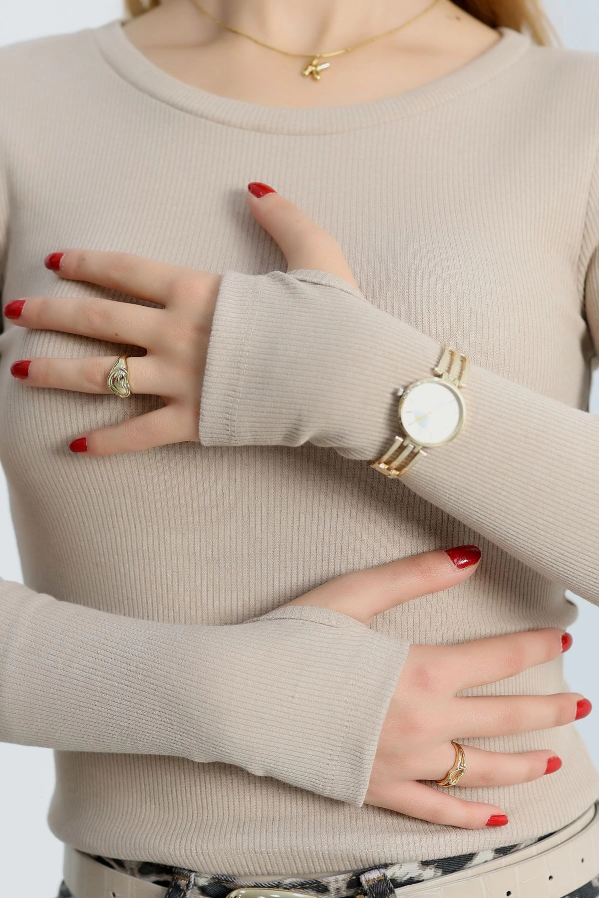 Bisiklet Yaka Parmak Geçmeli Kaşkorse bluz bej a3829