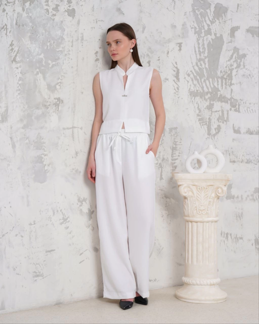Broşlu yelek pantolon takım beyaz s255821