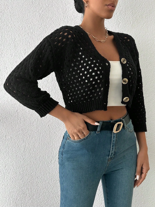 Büyük düğmeli delikli hırka siyah