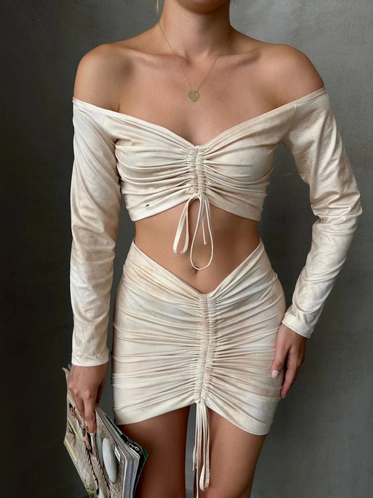 Büzgülü etek bluz takım bej s24709