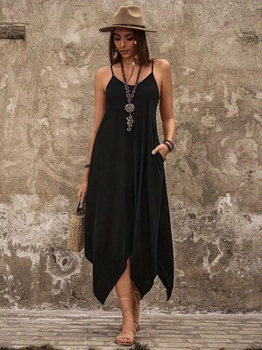 Kadın Askılı V Yakalı Cep Detaylı Asimetrik Kesim Detaylı Viskon Elbise